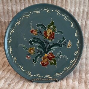 Vintage Norwegian Hand Painted Wooden Plate with Rosemaling Design